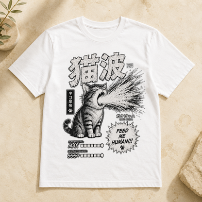 Funny Cat Anime T-Shirt Retro Japanese Graphic Tee Hungry Feline Unisex Shirt
