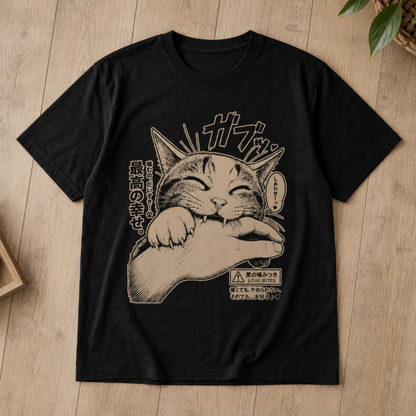 Anime Cat Love Bite T-Shirt, Japanese Manga Kitten Biting Hand Graphic Tee, Cute Kitty Lover Apparel, Casual Unisex Gamer Shirt