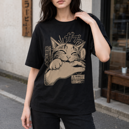 Anime Cat Love Bite T-Shirt, Japanese Manga Kitten Biting Hand Graphic Tee, Cute Kitty Lover Apparel, Casual Unisex Gamer Shirt