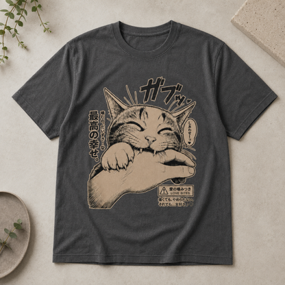Anime Cat Love Bite T-Shirt, Japanese Manga Kitten Biting Hand Graphic Tee, Cute Kitty Lover Apparel, Casual Unisex Gamer Shirt
