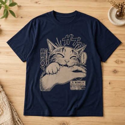 Anime Cat Love Bite T-Shirt, Japanese Manga Kitten Biting Hand Graphic Tee, Cute Kitty Lover Apparel, Casual Unisex Gamer Shirt