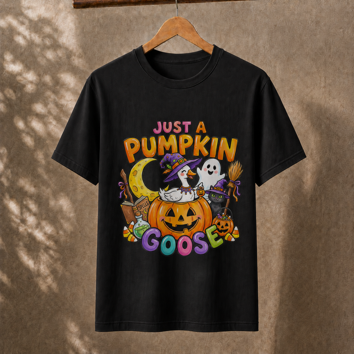 Just A Pumpkin Goose Halloween T-Shirt Cute Witch Duck Spooky Season Graphic Tee