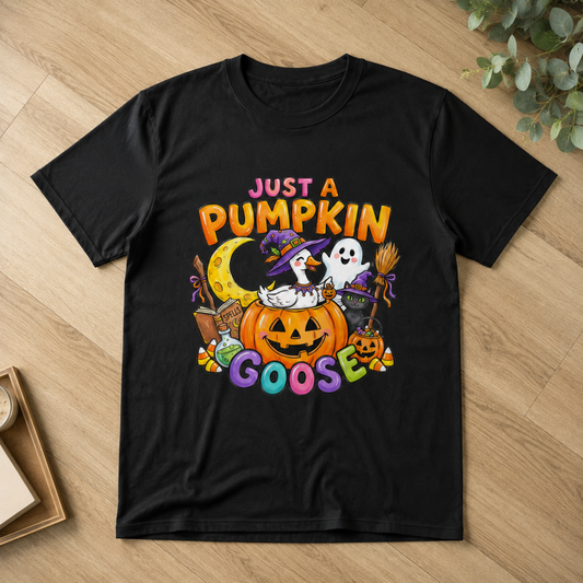 Just A Pumpkin Goose Halloween T-Shirt Cute Witch Duck Spooky Season Graphic Tee
