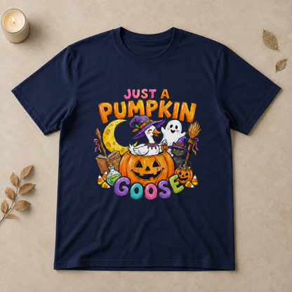 Just A Pumpkin Goose Halloween T-Shirt Cute Witch Duck Spooky Season Graphic Tee