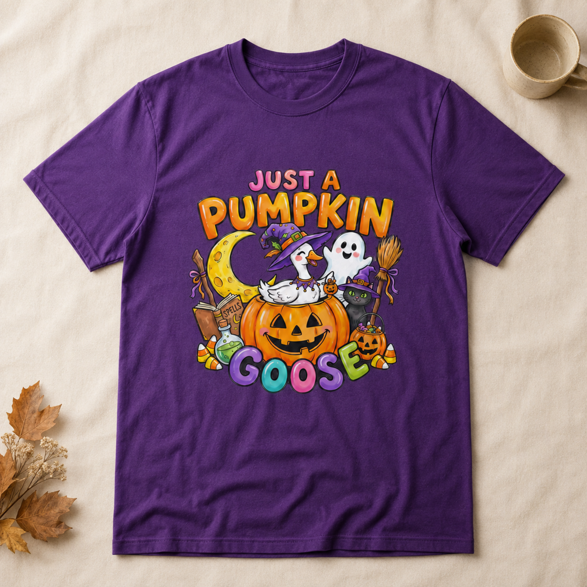 Just A Pumpkin Goose Halloween T-Shirt Cute Witch Duck Spooky Season Graphic Tee