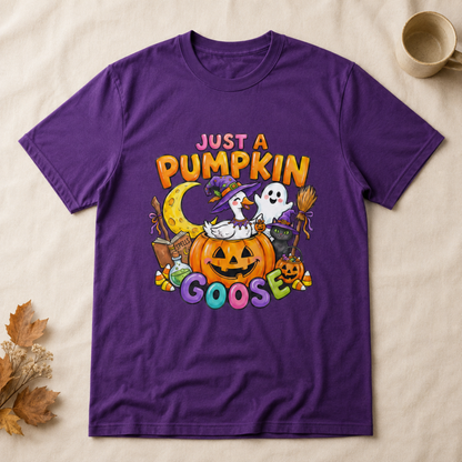 Just A Pumpkin Goose Halloween T-Shirt Cute Witch Duck Spooky Season Graphic Tee