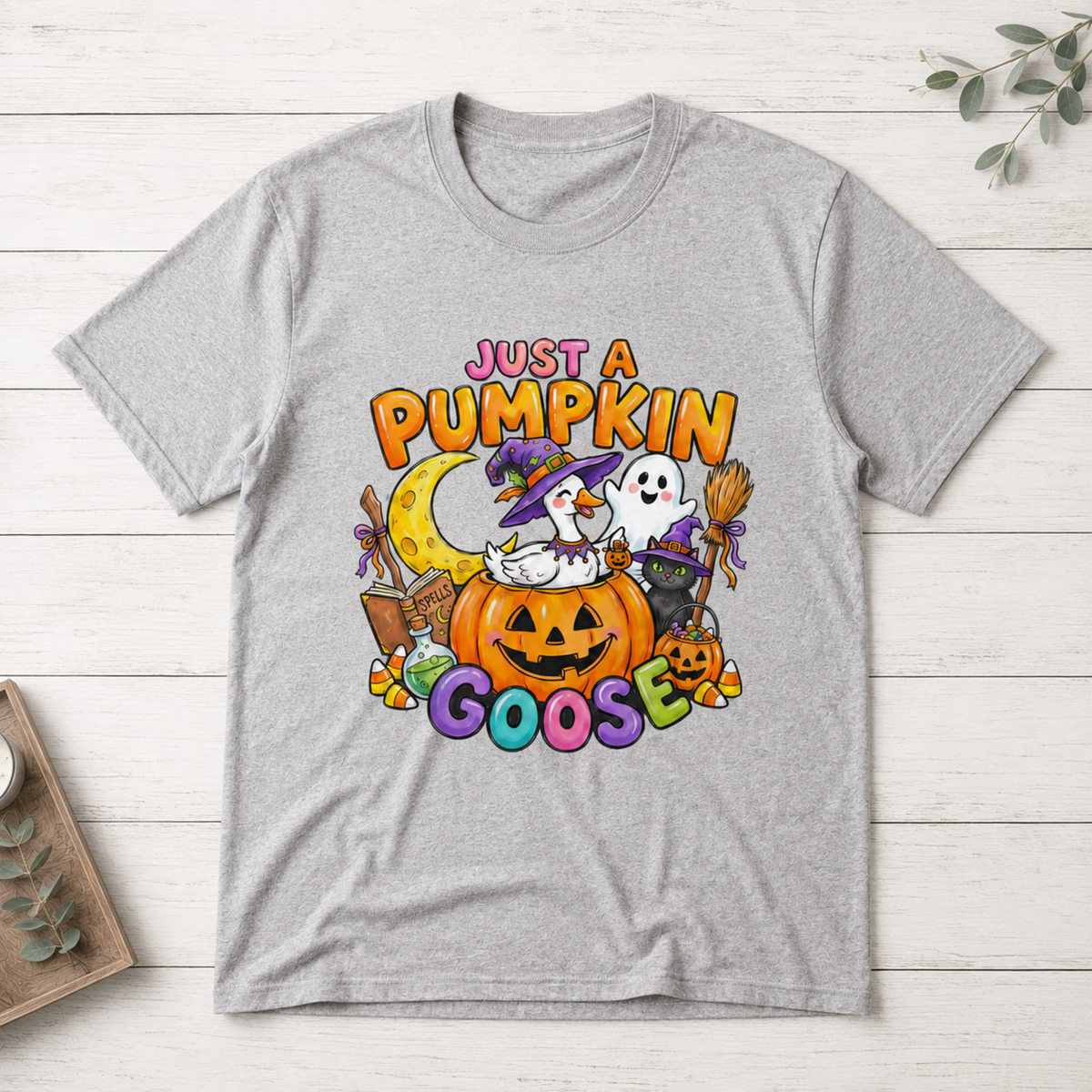 Just A Pumpkin Goose Halloween T-Shirt Cute Witch Duck Spooky Season Graphic Tee