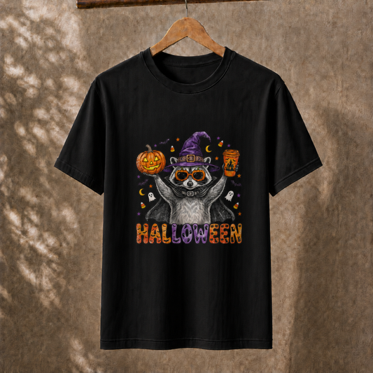 Cute Halloween Raccoon Witch T-Shirt, Spooky Season Graphic Tee, Pumpkin Coffee Shirt, Fall Holiday Apparel for Animal Lovers