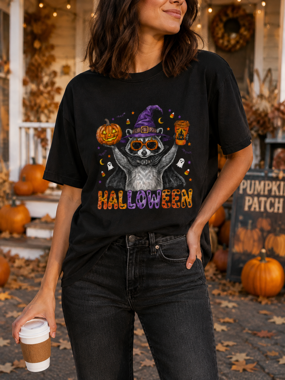 Cute Halloween Raccoon Witch T-Shirt, Spooky Season Graphic Tee, Pumpkin Coffee Shirt, Fall Holiday Apparel for Animal Lovers