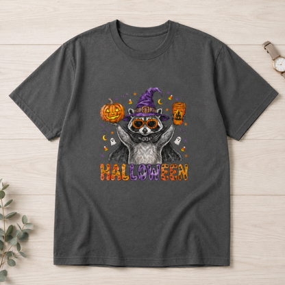 Cute Halloween Raccoon Witch T-Shirt, Spooky Season Graphic Tee, Pumpkin Coffee Shirt, Fall Holiday Apparel for Animal Lovers