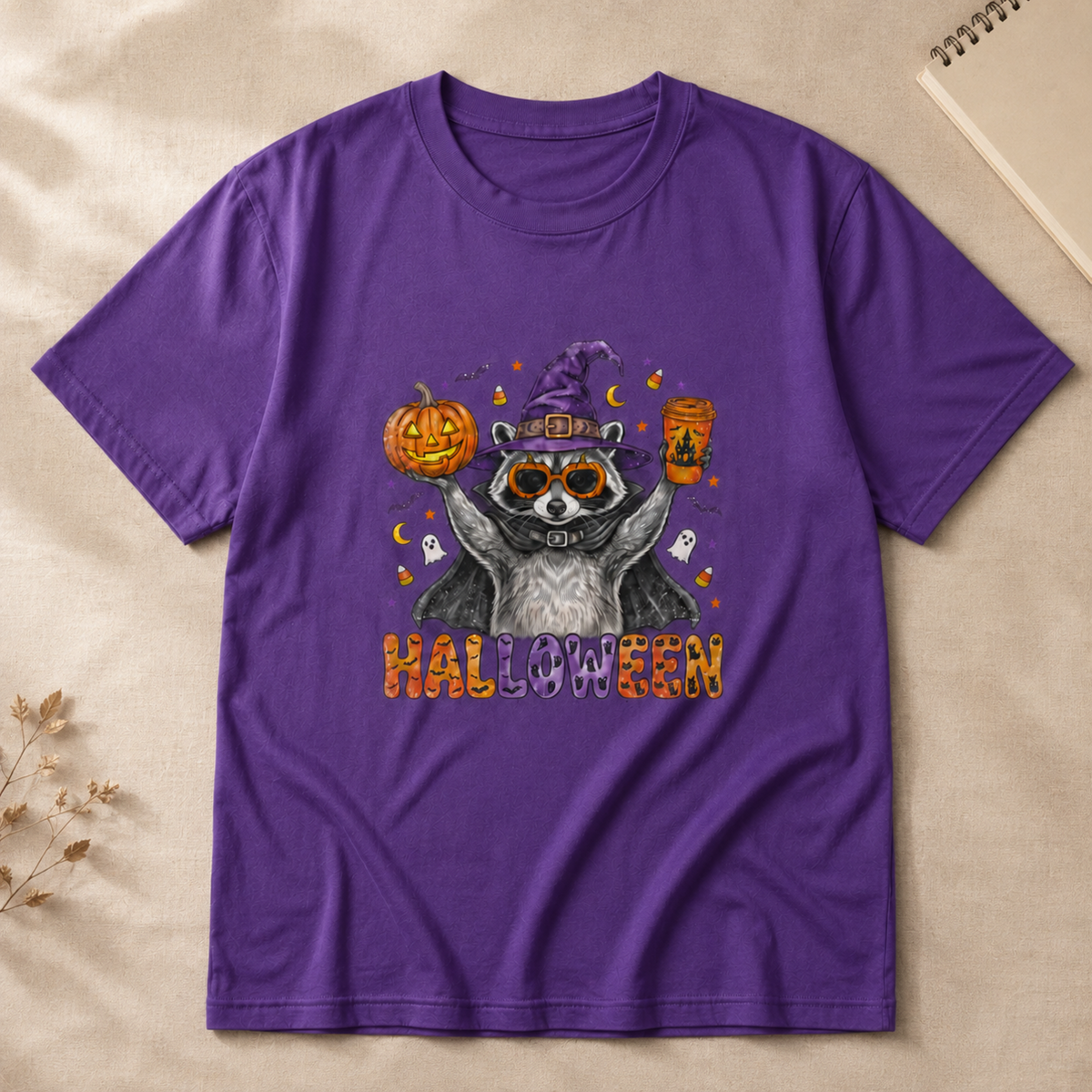 Cute Halloween Raccoon Witch T-Shirt, Spooky Season Graphic Tee, Pumpkin Coffee Shirt, Fall Holiday Apparel for Animal Lovers