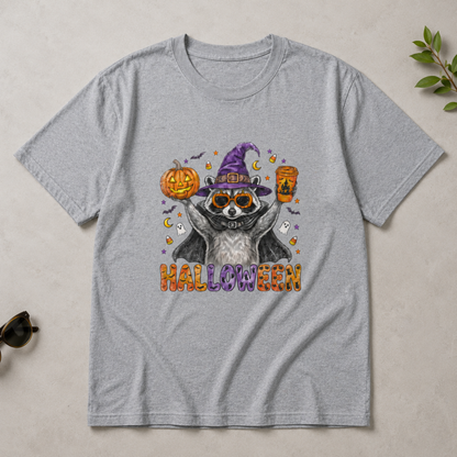 Cute Halloween Raccoon Witch T-Shirt, Spooky Season Graphic Tee, Pumpkin Coffee Shirt, Fall Holiday Apparel for Animal Lovers