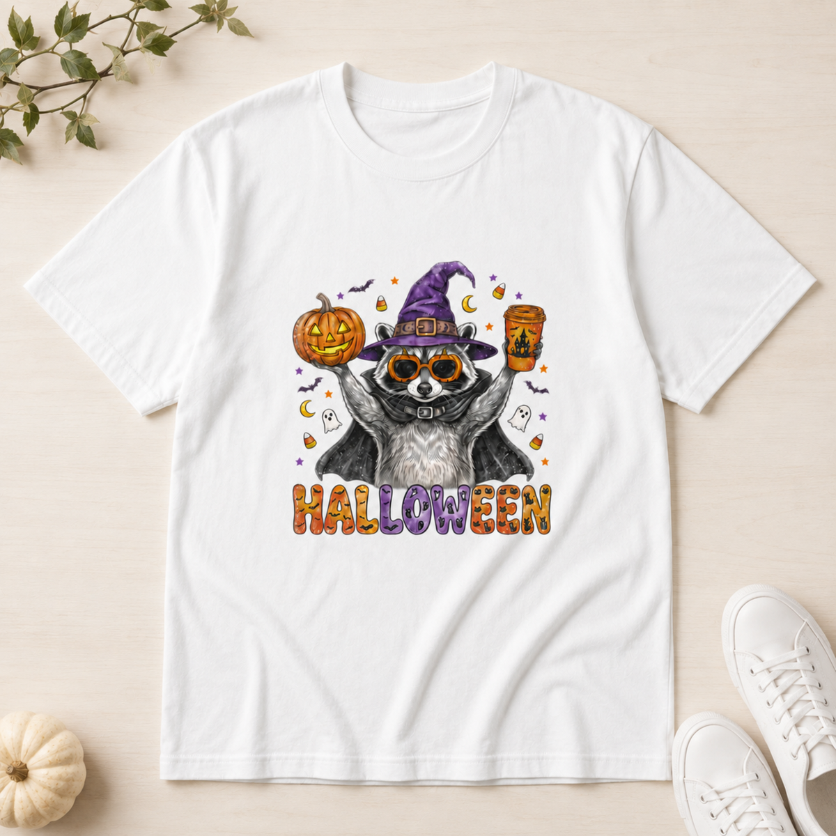 Cute Halloween Raccoon Witch T-Shirt, Spooky Season Graphic Tee, Pumpkin Coffee Shirt, Fall Holiday Apparel for Animal Lovers