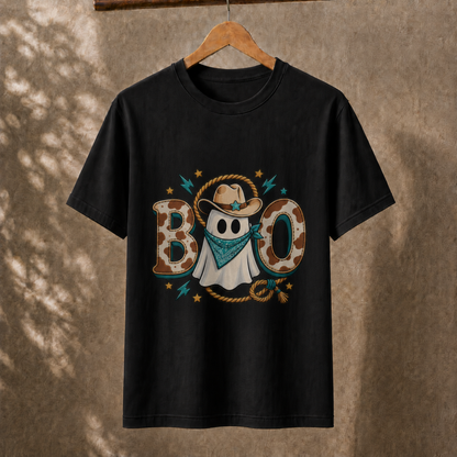 Spooky Western Ghost BOO T-Shirt Cowboy Hat Bandana Retro Halloween Unisex Tee