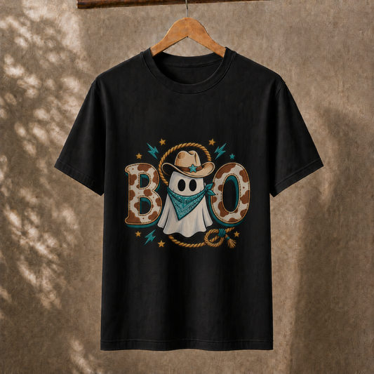Spooky Western Ghost BOO T-Shirt Cowboy Hat Bandana Retro Halloween Unisex Tee