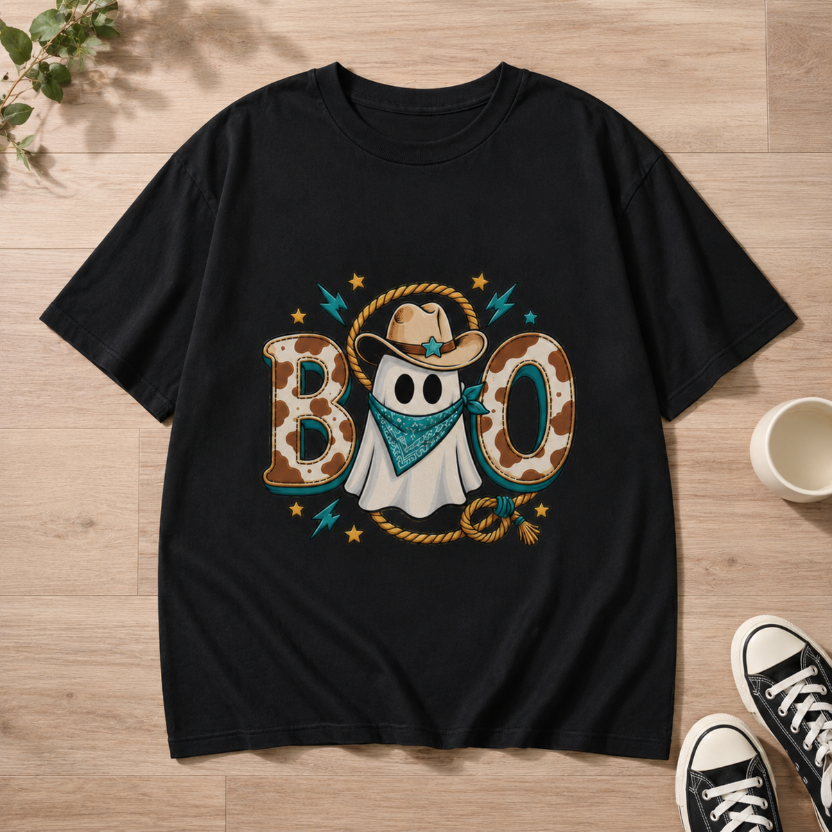Spooky Western Ghost BOO T-Shirt Cowboy Hat Bandana Retro Halloween Unisex Tee