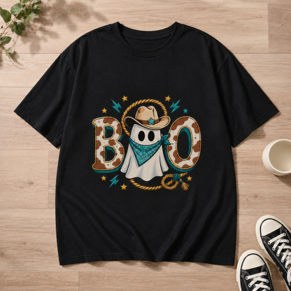 Spooky Western Ghost BOO T-Shirt Cowboy Hat Bandana Retro Halloween Unisex Tee