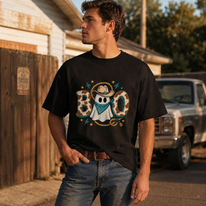 Spooky Western Ghost BOO T-Shirt Cowboy Hat Bandana Retro Halloween Unisex Tee