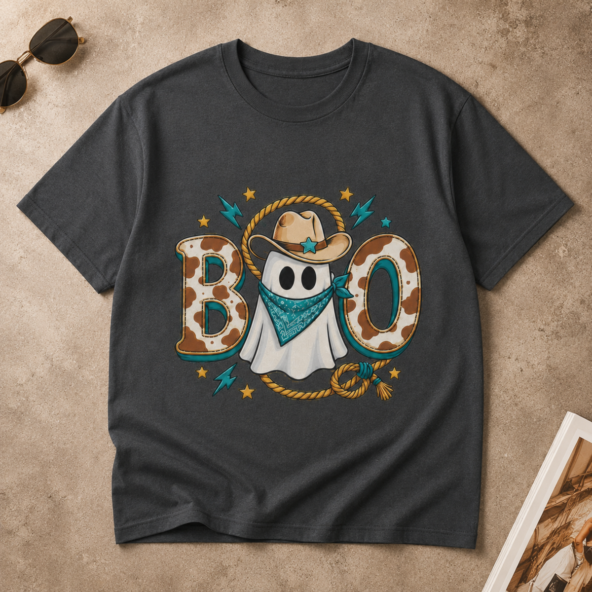 Spooky Western Ghost BOO T-Shirt Cowboy Hat Bandana Retro Halloween Unisex Tee
