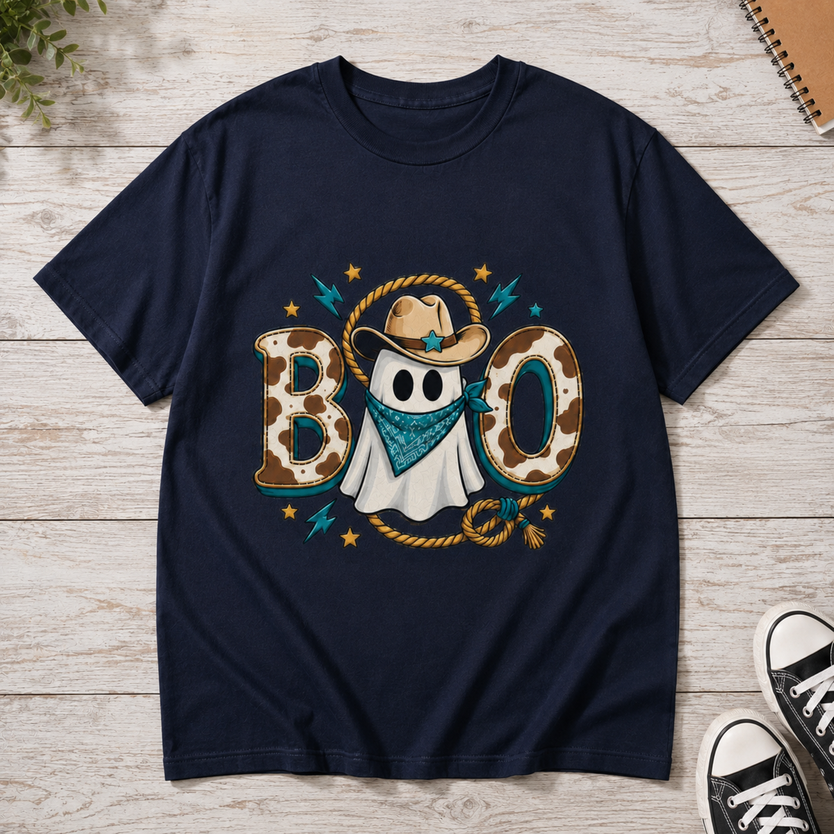 Spooky Western Ghost BOO T-Shirt Cowboy Hat Bandana Retro Halloween Unisex Tee