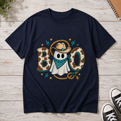 Spooky Western Ghost BOO T-Shirt Cowboy Hat Bandana Retro Halloween Unisex Tee