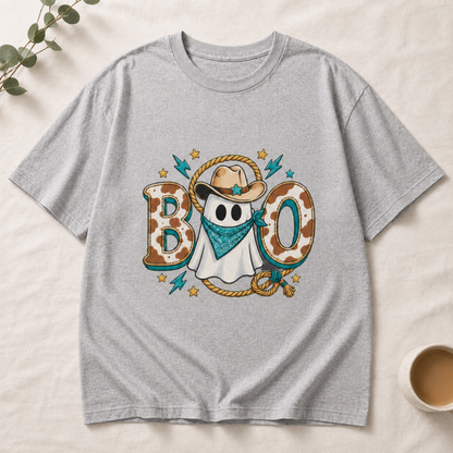 Spooky Western Ghost BOO T-Shirt Cowboy Hat Bandana Retro Halloween Unisex Tee