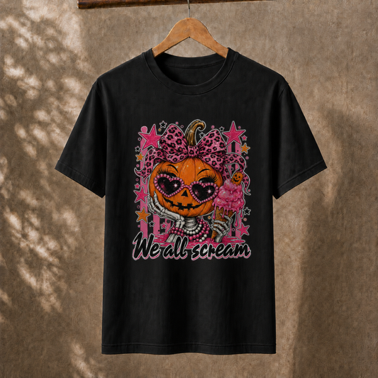 Spooky Pink Halloween Pumpkin Ice Cream T-Shirt Cute Skeleton Hand Retro Aesthetic Tee
