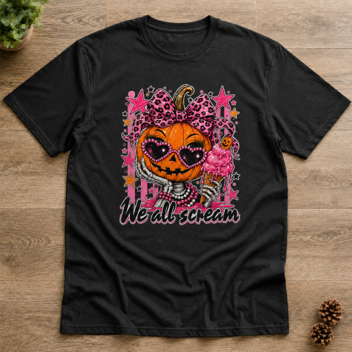 Spooky Pink Halloween Pumpkin Ice Cream T-Shirt Cute Skeleton Hand Retro Aesthetic Tee