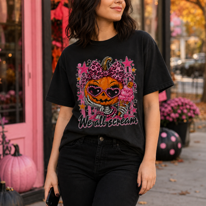 Spooky Pink Halloween Pumpkin Ice Cream T-Shirt Cute Skeleton Hand Retro Aesthetic Tee