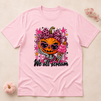 Spooky Pink Halloween Pumpkin Ice Cream T-Shirt Cute Skeleton Hand Retro Aesthetic Tee