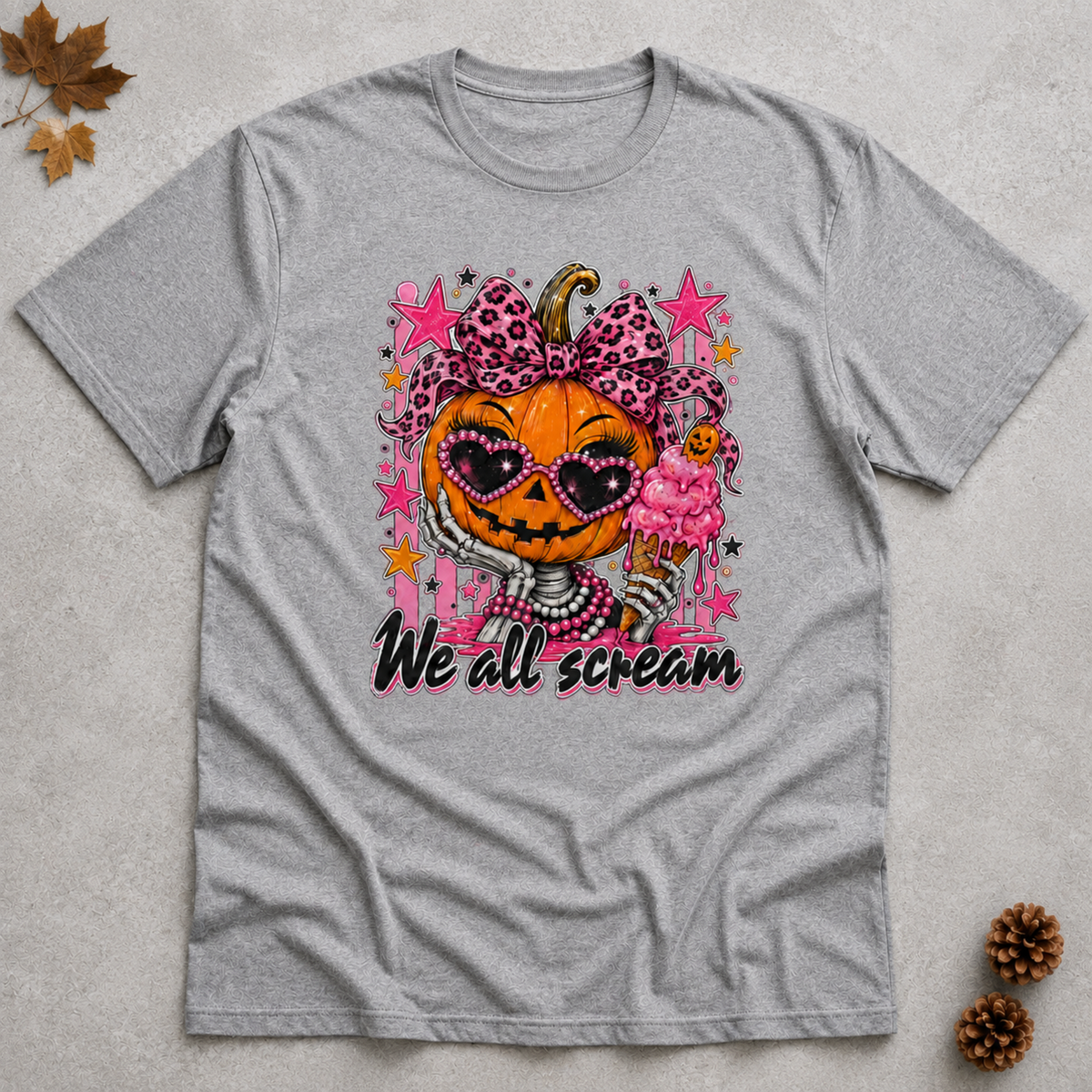 Spooky Pink Halloween Pumpkin Ice Cream T-Shirt Cute Skeleton Hand Retro Aesthetic Tee