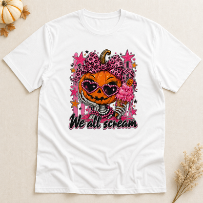 Spooky Pink Halloween Pumpkin Ice Cream T-Shirt Cute Skeleton Hand Retro Aesthetic Tee