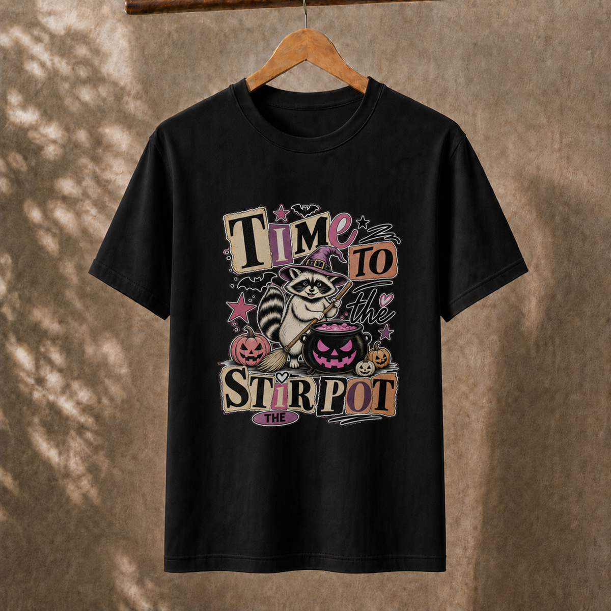 Time To Stir The Pot Raccoon Witch Halloween Party Unisex T-Shirt Spooky Season Retro Graphic Tee