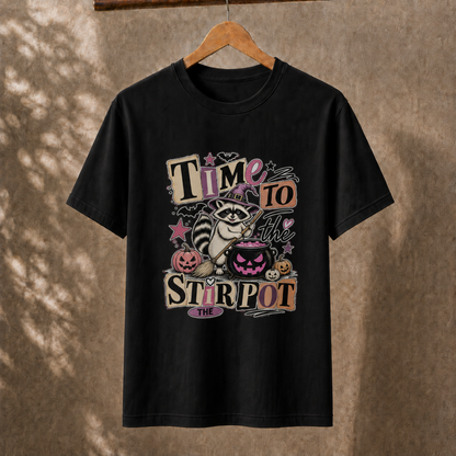 Time To Stir The Pot Raccoon Witch Halloween Party Unisex T-Shirt Spooky Season Retro Graphic Tee