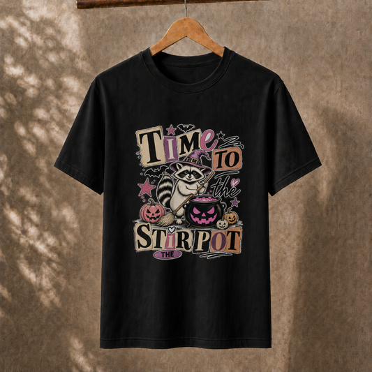 Time To Stir The Pot Raccoon Witch Halloween Party Unisex T-Shirt Spooky Season Retro Graphic Tee