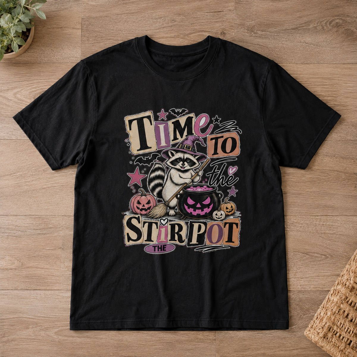 Time To Stir The Pot Raccoon Witch Halloween Party Unisex T-Shirt Spooky Season Retro Graphic Tee