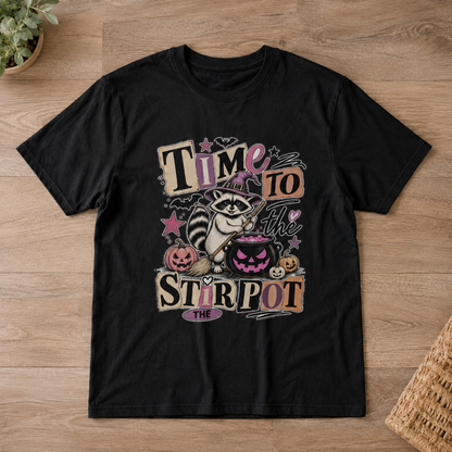 Time To Stir The Pot Raccoon Witch Halloween Party Unisex T-Shirt Spooky Season Retro Graphic Tee