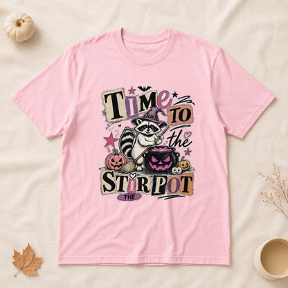 Time To Stir The Pot Raccoon Witch Halloween Party Unisex T-Shirt Spooky Season Retro Graphic Tee