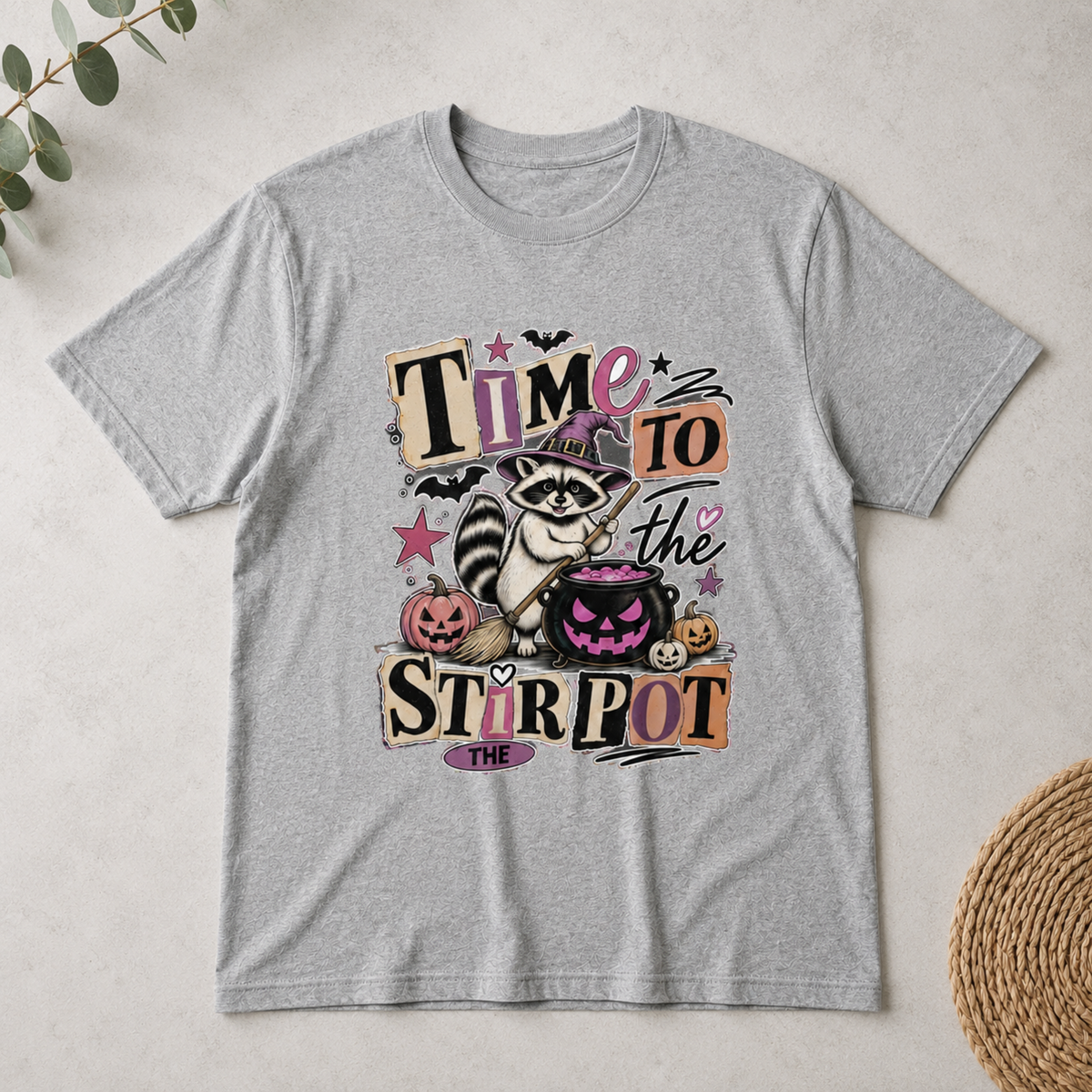 Time To Stir The Pot Raccoon Witch Halloween Party Unisex T-Shirt Spooky Season Retro Graphic Tee