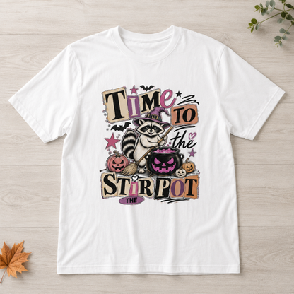 Time To Stir The Pot Raccoon Witch Halloween Party Unisex T-Shirt Spooky Season Retro Graphic Tee