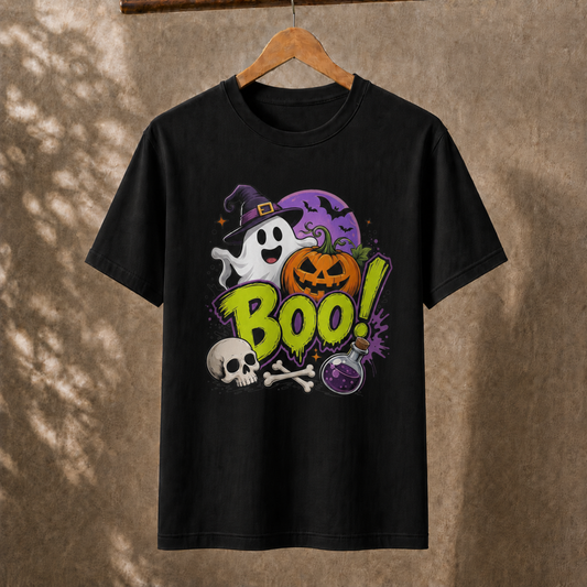 Cute Halloween Boo Ghost Witch Hat Pumpkin Skull T-Shirt Spooky Season Unisex Crewneck Tee
