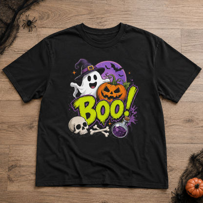 Cute Halloween Boo Ghost Witch Hat Pumpkin Skull T-Shirt Spooky Season Unisex Crewneck Tee