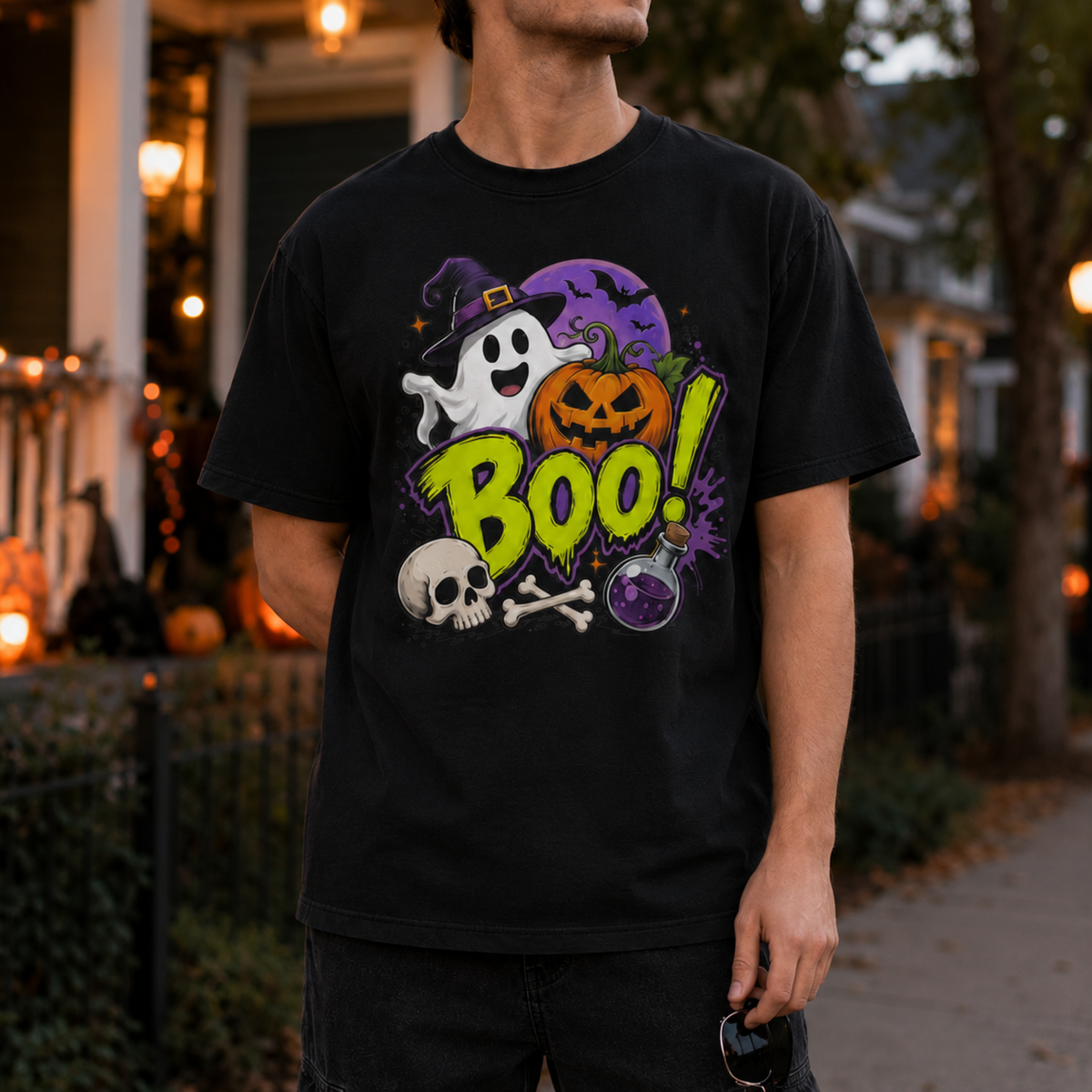 Cute Halloween Boo Ghost Witch Hat Pumpkin Skull T-Shirt Spooky Season Unisex Crewneck Tee