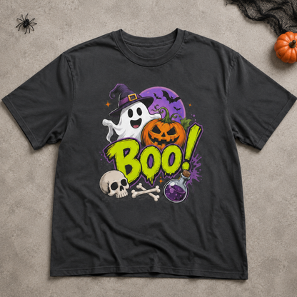 Cute Halloween Boo Ghost Witch Hat Pumpkin Skull T-Shirt Spooky Season Unisex Crewneck Tee