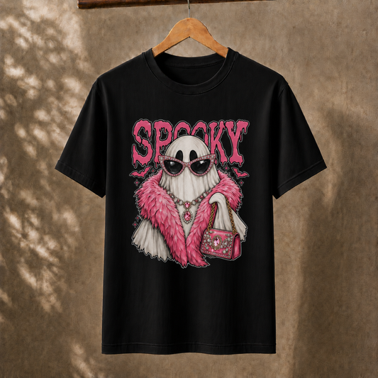 Spooky Ghost Pink Glam Halloween Fashion T-Shirt - Cute Retro Diva Graphic Tee for Women and Girls