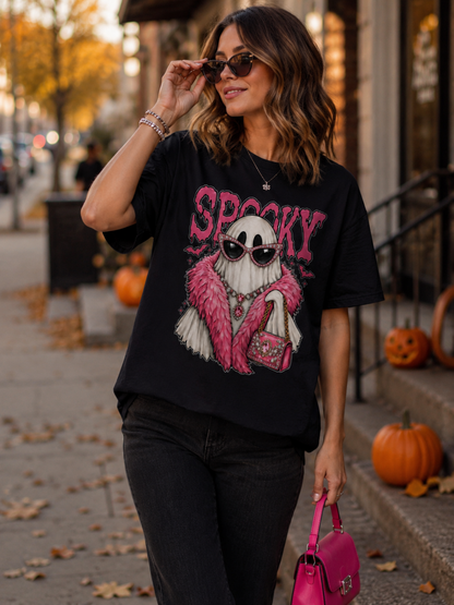 Spooky Ghost Pink Glam Halloween Fashion T-Shirt - Cute Retro Diva Graphic Tee for Women and Girls