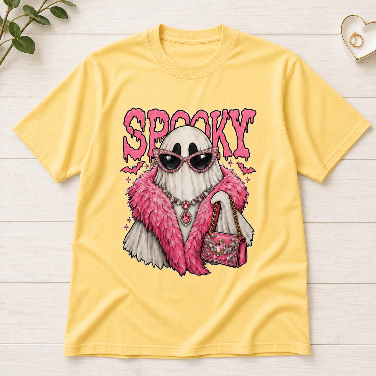 Spooky Ghost Pink Glam Halloween Fashion T-Shirt - Cute Retro Diva Graphic Tee for Women and Girls
