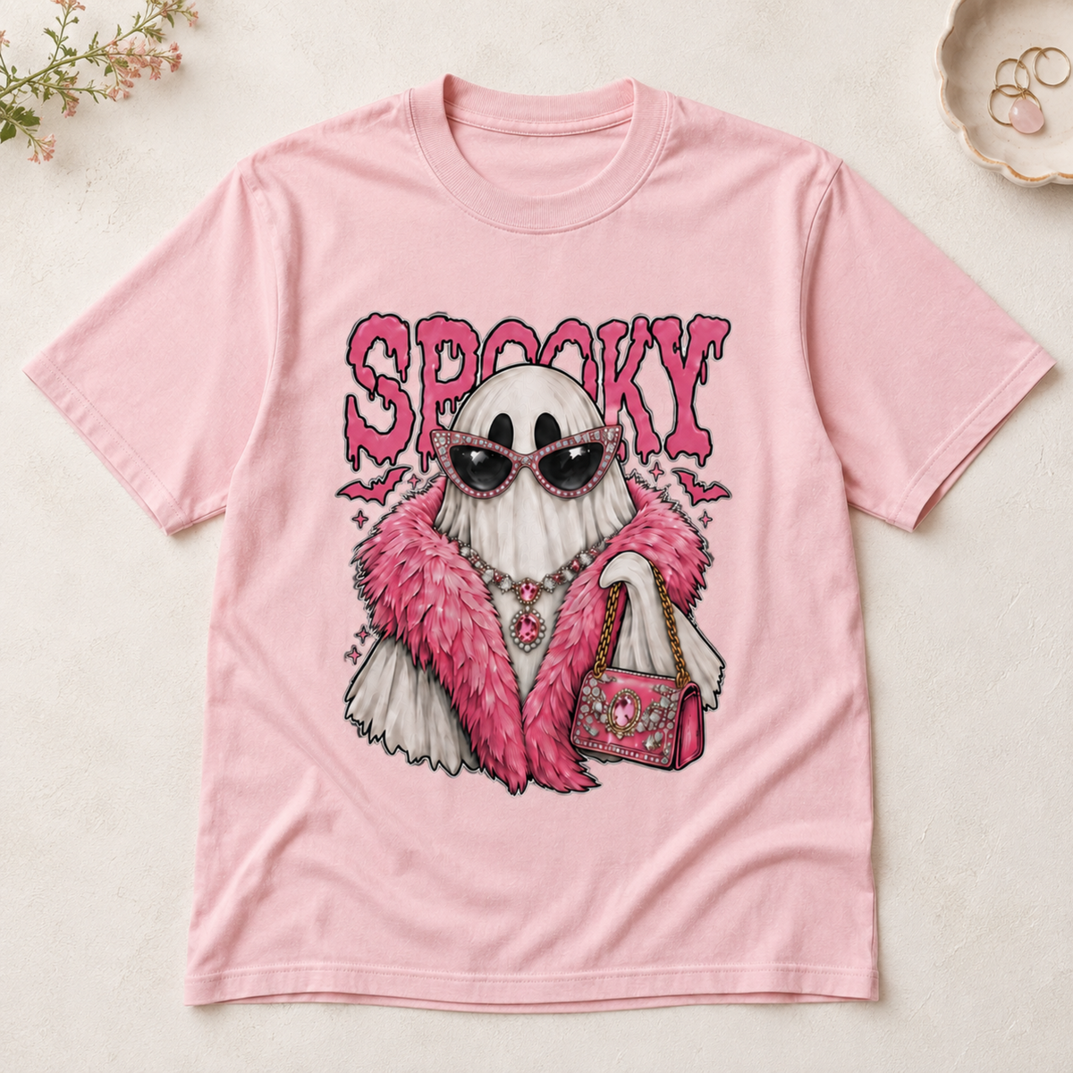 Spooky Ghost Pink Glam Halloween Fashion T-Shirt - Cute Retro Diva Graphic Tee for Women and Girls
