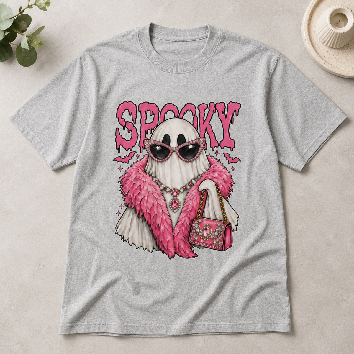 Spooky Ghost Pink Glam Halloween Fashion T-Shirt - Cute Retro Diva Graphic Tee for Women and Girls