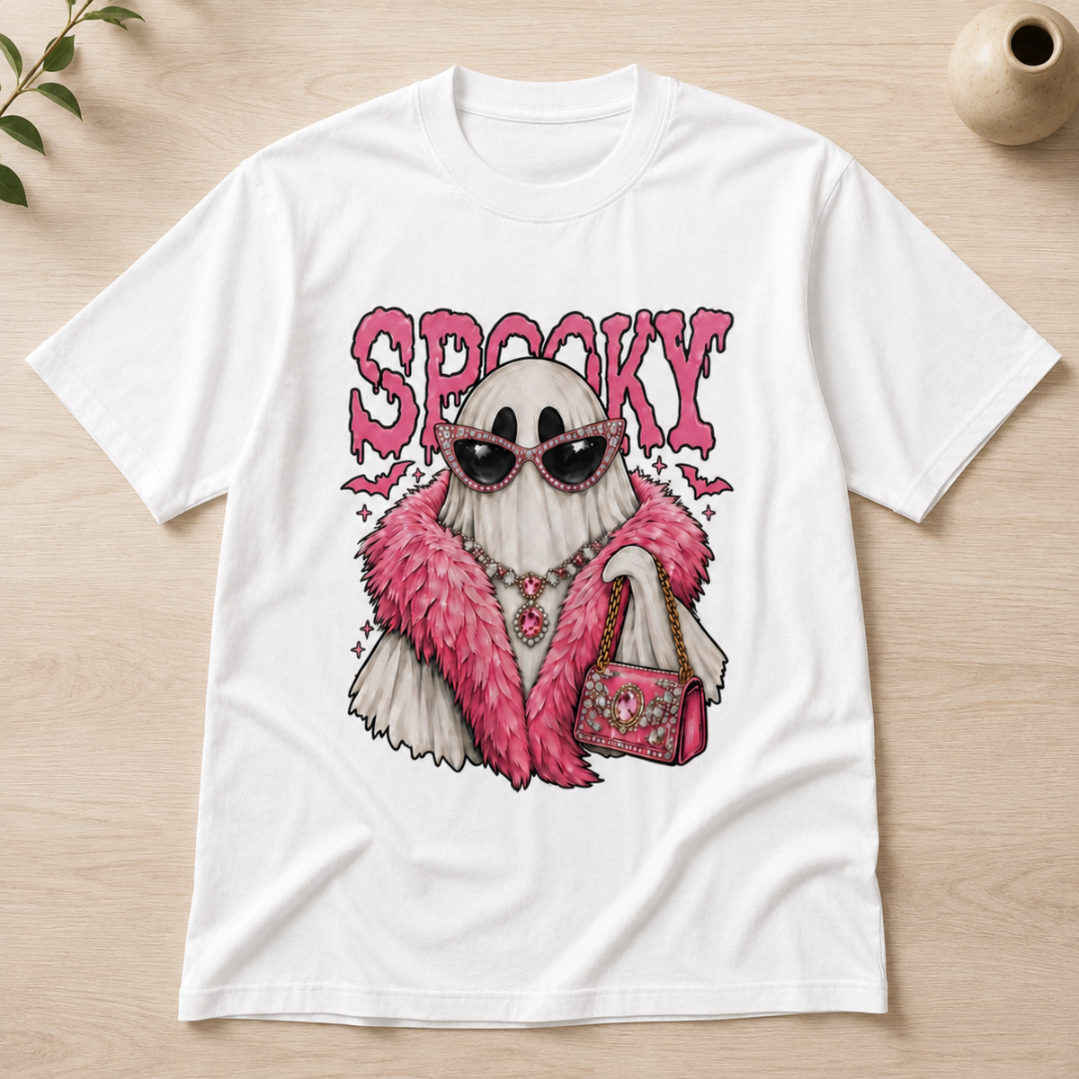 Spooky Ghost Pink Glam Halloween Fashion T-Shirt - Cute Retro Diva Graphic Tee for Women and Girls